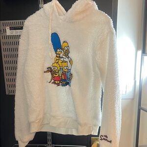 White Fuzzy Hoodie with Simpson Family Print. Size medium
